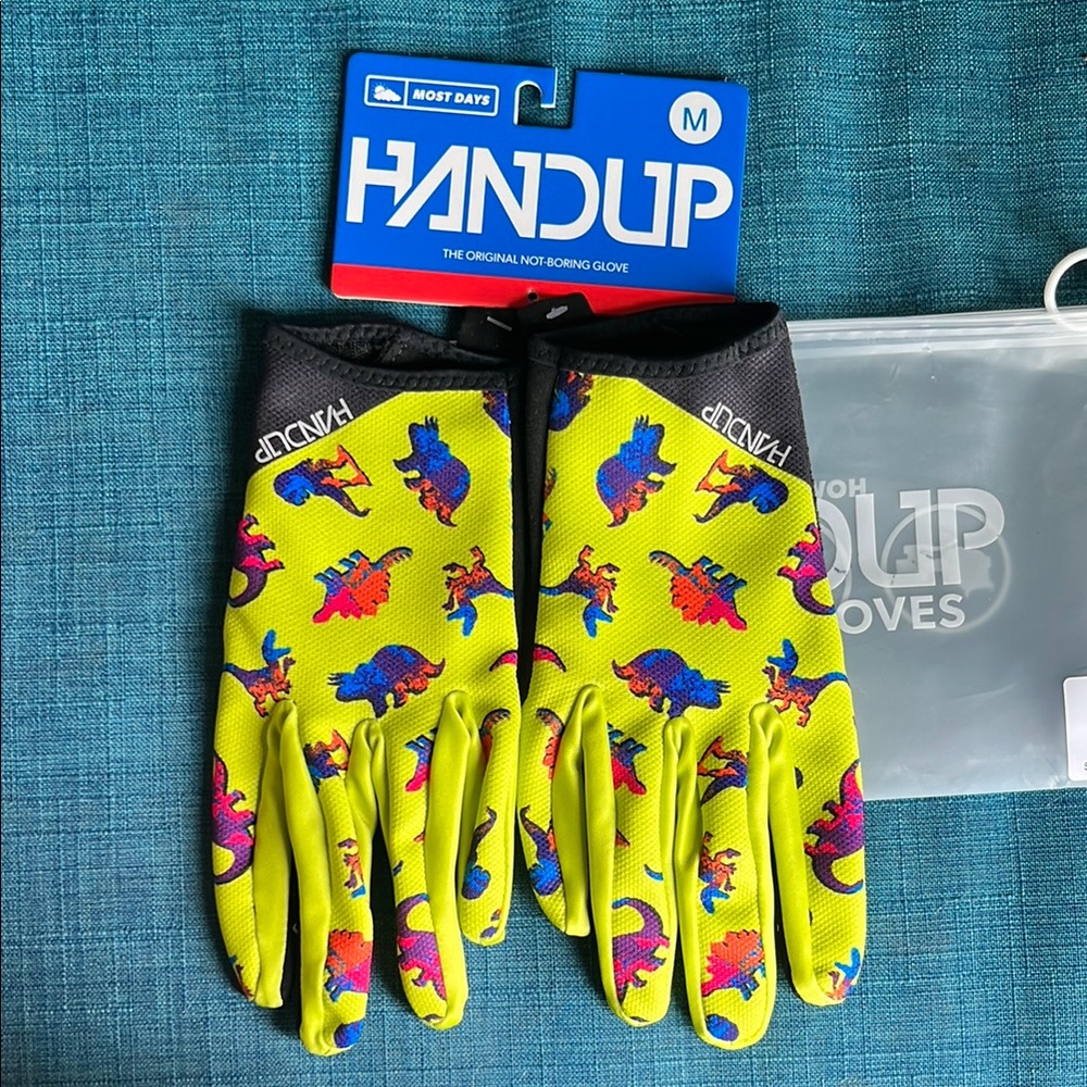 Handup Hi Viz Dino 🦕 Biking Gloves - Yellow and Multicolor - Size MEDIUM